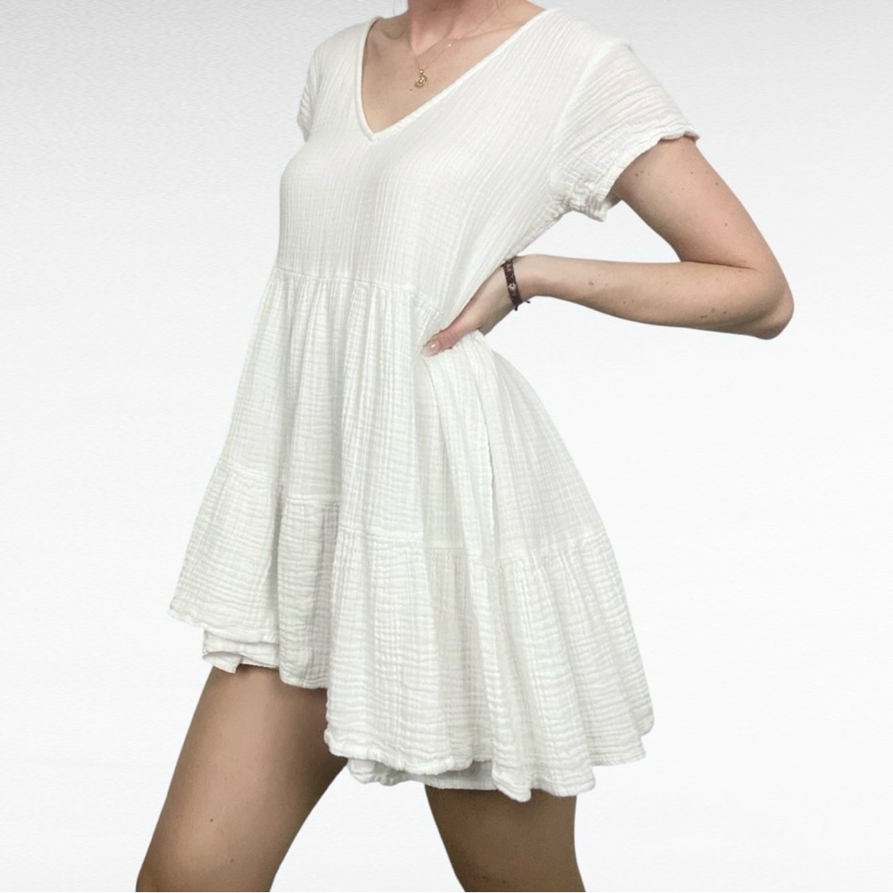 Rip Curl White Cotton Gauze Coastal Beach Boho Relaxed Tiered Babydoll Dress